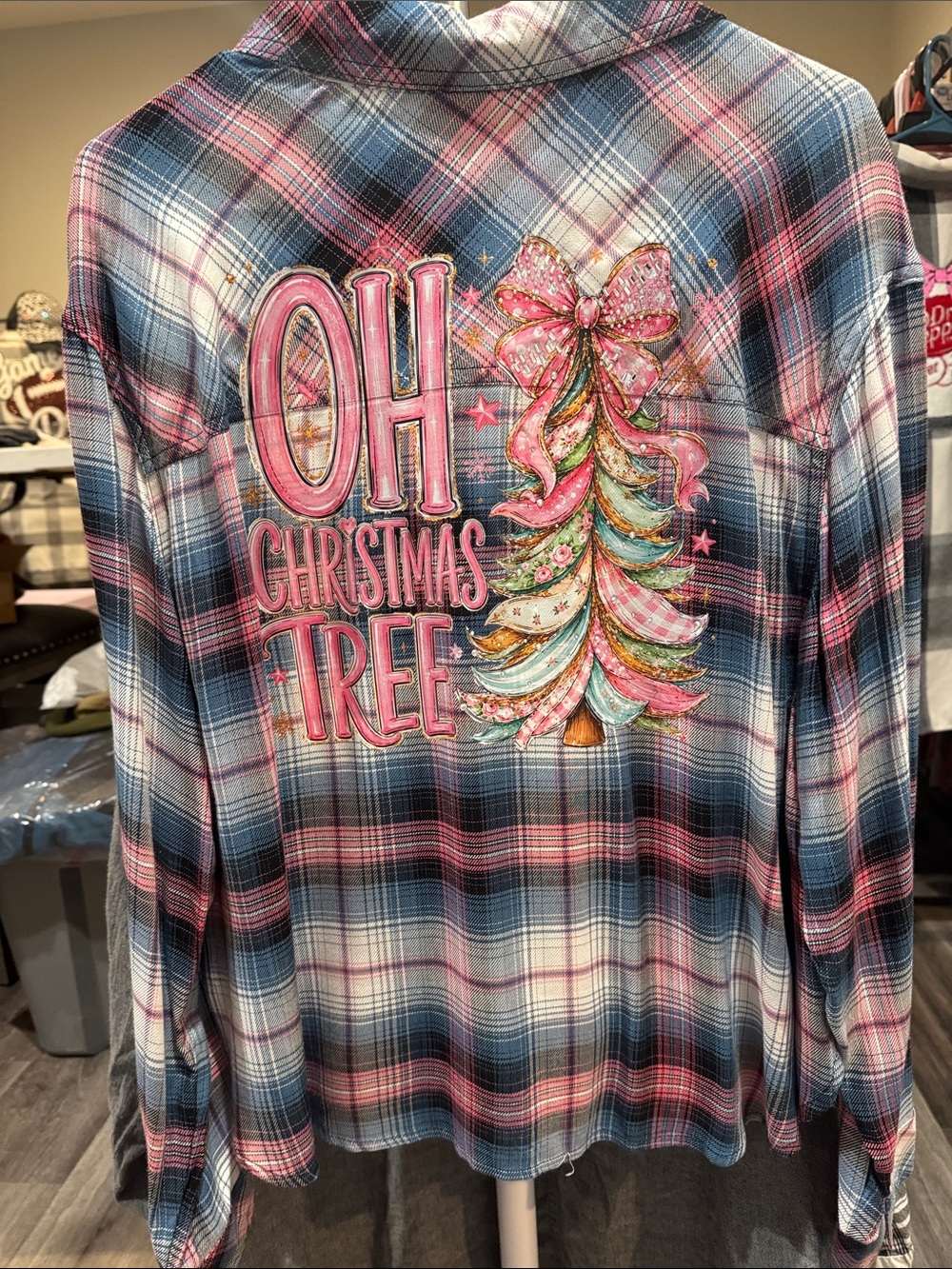 Girls Pink & Blue Plaid ‘Oh Christmas Tree’ Button-Up Shirt